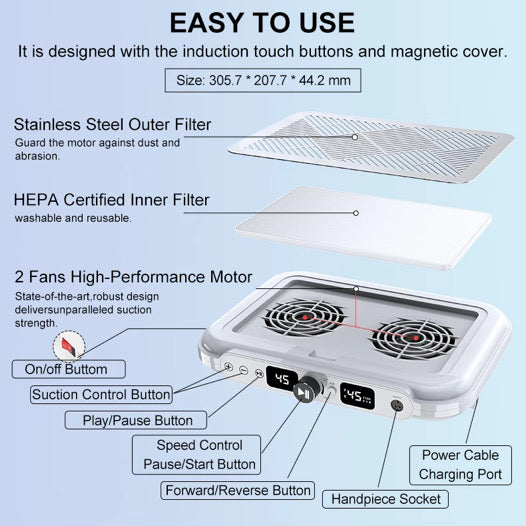 2 in 1 Dual Fan 170W Nail Dust Collector and 65W Brushless Nail Drill Machine 45000RPM